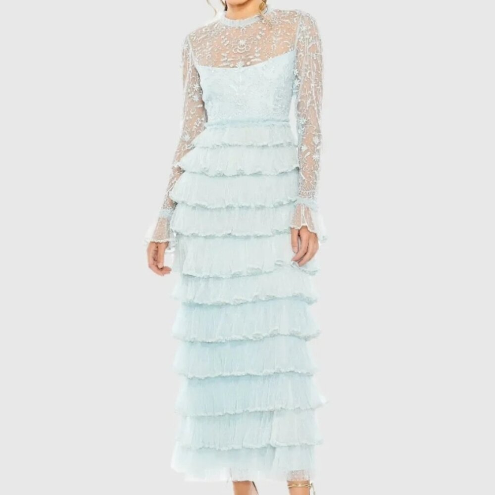 Mac Duggal Blue Embroidered Long Sleeve Ruffled Tiered Dress